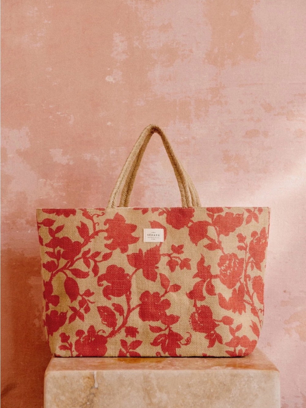 NWT Sézane Large Jute Tote Basket Bag Red Floral